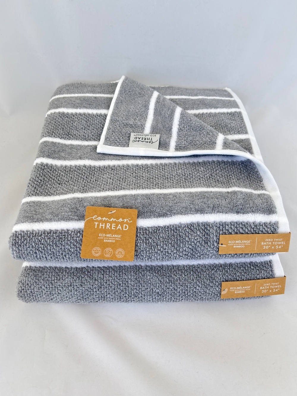 NWT 2Pc Common Thread Bamboo Eco-Melange Charcoal Grey White Striped Bath Towels